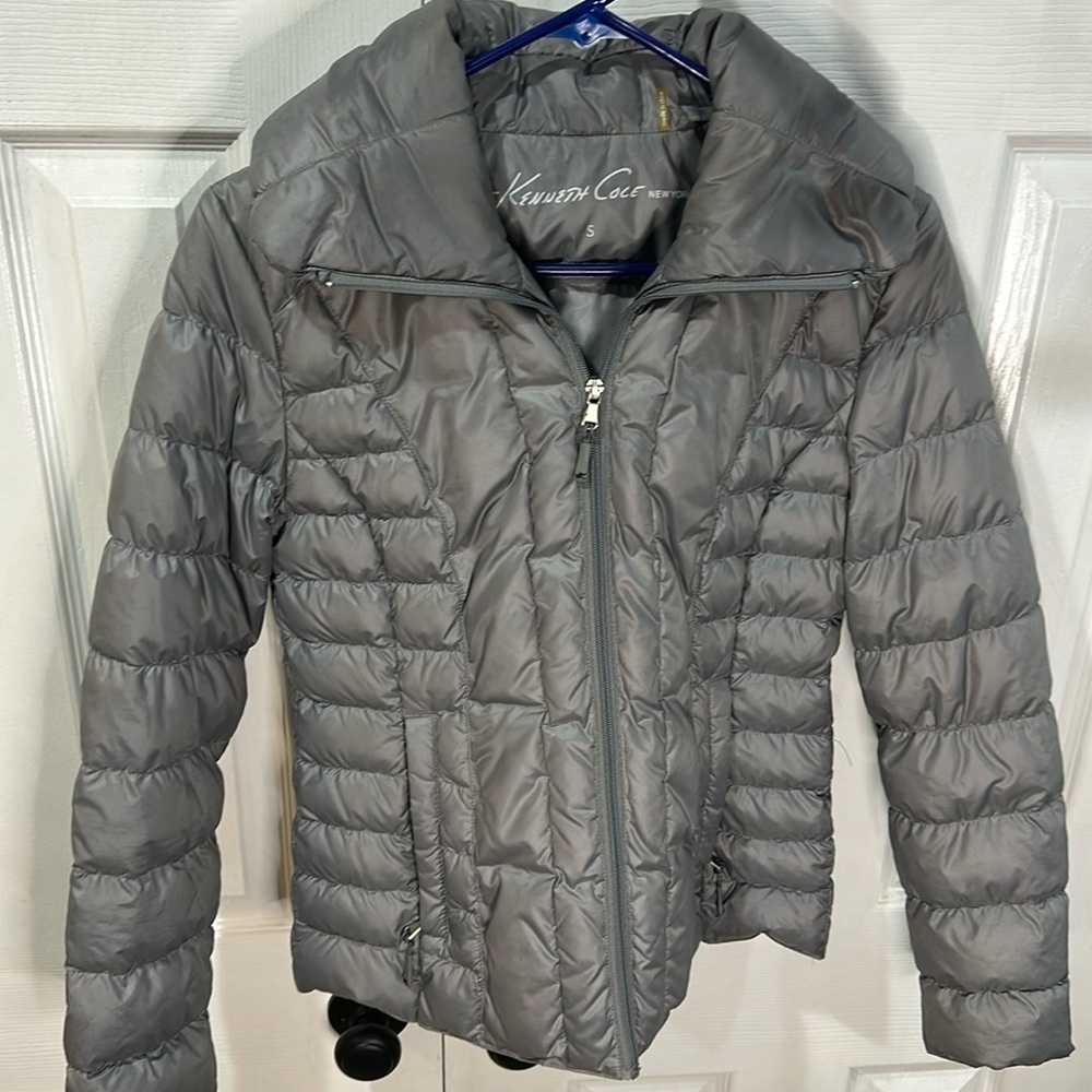 Kenneth Cole Reaction Full Zip Duck Down Quilted Puffer Jacket Women Small Gray